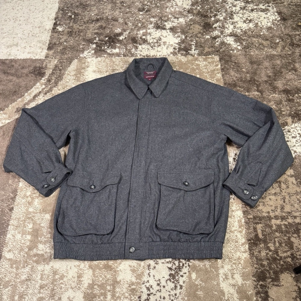 Vintage Nordstrom Bomber Jacket Mens XL Wool Blend Lined Grey Y2K Preppy